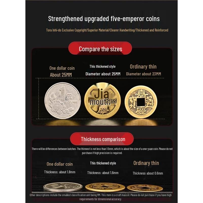 Authentic Pure Brass Five Emperors Coins Ornament with Red String - Shunzhi, Kangxi, Yongzheng, Qianlong, Jiaqing, Daoguang