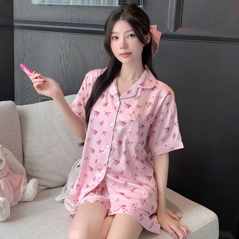 Summer Ice Silk Pajamas Women'S Cool Short-Sleeved Pastoral Small Floral Sweet Thin Loungewear Set