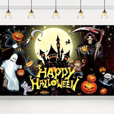2D Happy Halloween Backdrop with Grim Reaper and Pumpkins Photography Banner