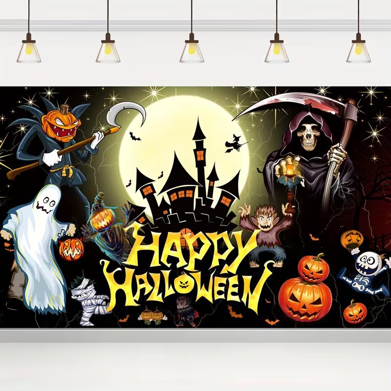 2D Happy Halloween Backdrop with Grim Reaper and Pumpkins Photography Banner