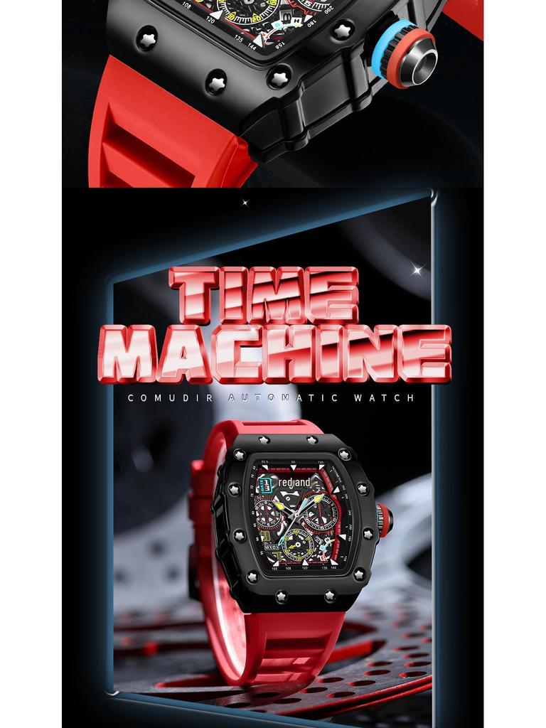 Men's Richard Luminous Calendar Wine Barrel Watch, Hollowed-Out Design, Trendy Mechanical Look