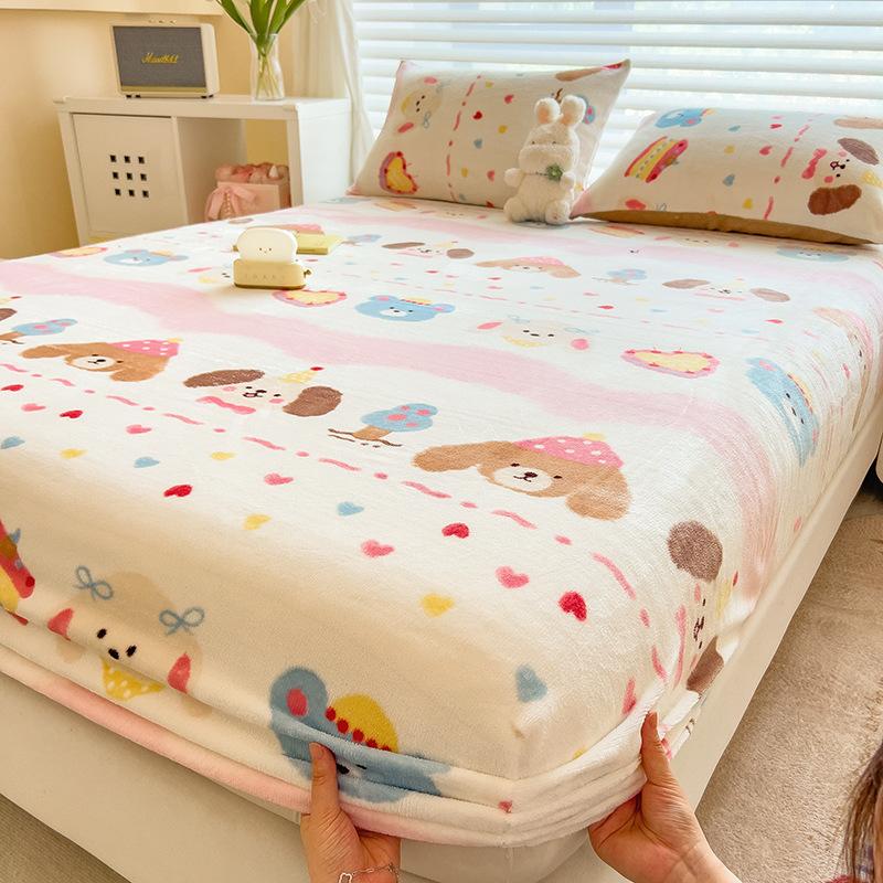 Winter Warm Flannel Fleece Bed Sheet Cartoon Flower Printed Thick Bed Sheets for Winter Single/Queen/King Soft Plush Bed Sheet
