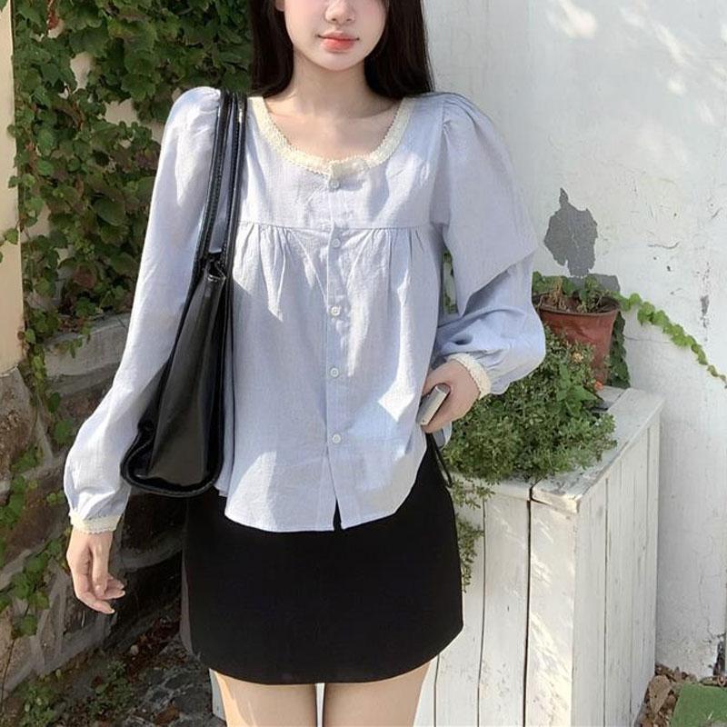 Autumn Korean New Style Fashionable Loose Lace Splicing Niche Design Long-sleeved Shirt Top for Women