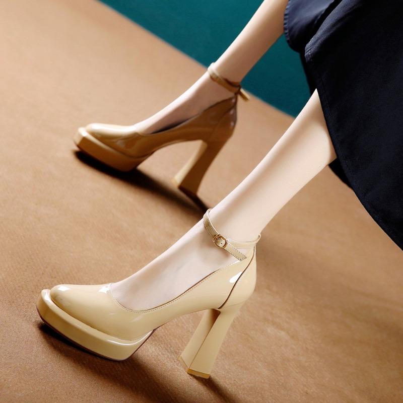 Women's Super High Heel Shoes Autumn New Square Head Shallow Mouth Waterproof Platform One Line Buckle Heels