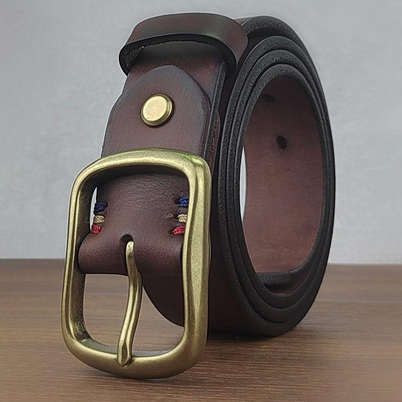 Thickened Polished Belt Men'S Leather Casual First Layer Cowhide Retro Copper Pin Buckle Belt Simple Youth Jeans Belt