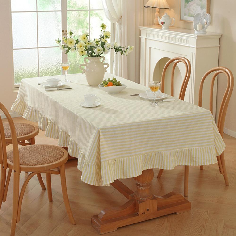 Vertical Striped Table Cover Washable Wrinkle-Resistant Farmhouse Tablecloth Ruffle Trim Striped Ruffle Tablecloth Dining Party