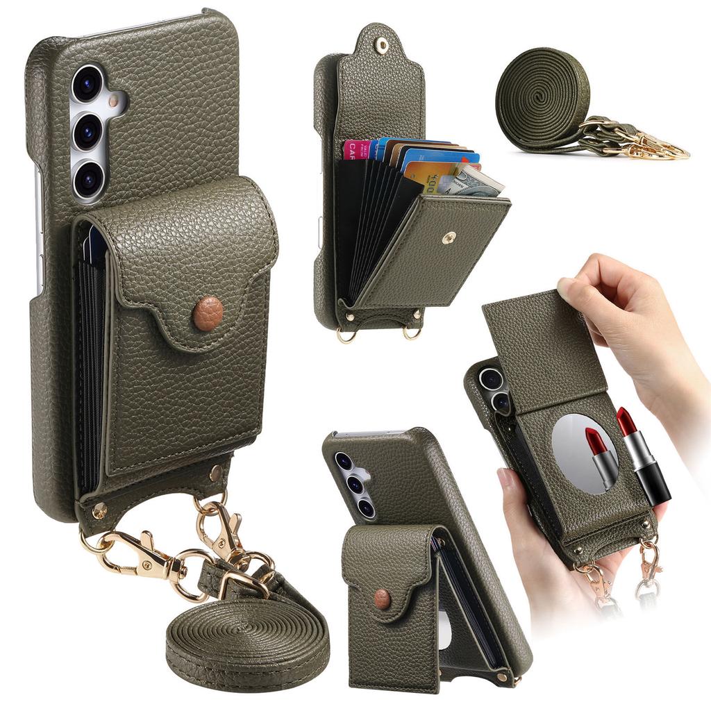 For Samsung Galaxy A16 5G/4G Case Mirror Card Holder Litchi Texture Leather Phone Back Cover with Long Strap