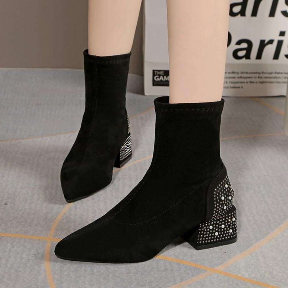 Suede Rhinestone Woman Short Shoes 2026 Winter Ankle Boots for Women Elegant with Medium Heels Booties Square Toe Footwear