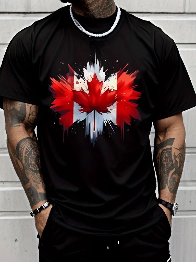 Black Unisexs Tee Canada Maple Leaf Splash Print Crew Neck Cotton Short Sleeve Patriotic Male Street Summer Soft Daily Casual Wear