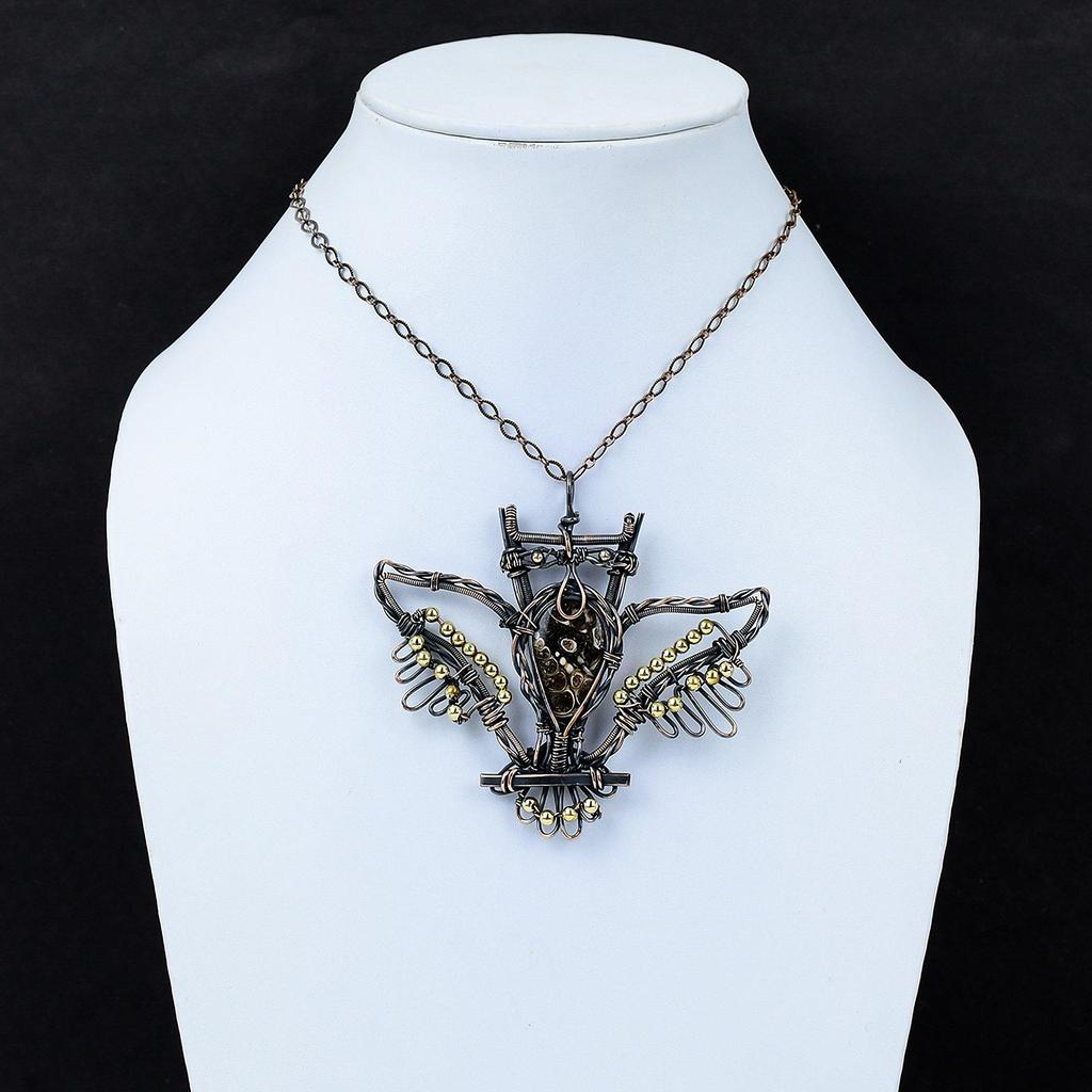 Turritella Agate Pendant Copper Wire Wrapped Pendant Gemstone Pendant Owl Pendant Handmade Copper Wire Jewelry Stylish Pendant Gift For Him