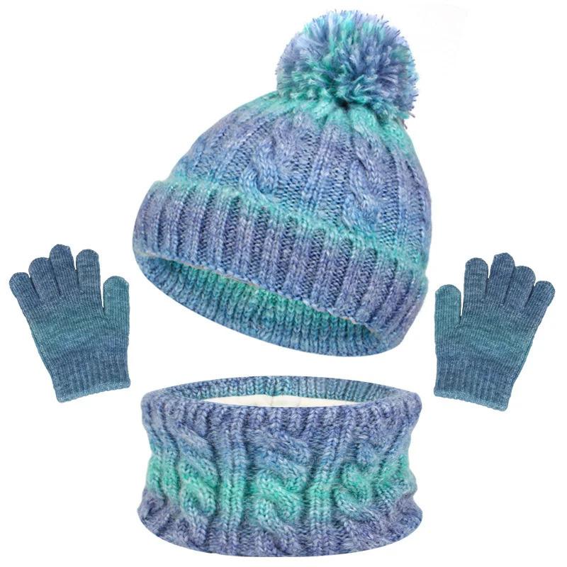 Kids Winter 3 Piece Acrylic Knit Hat Neck Warmer And Gloves Set Fleece Lined Pom Pom Beanie For Children Daily Outdoor Cold Weather Wear