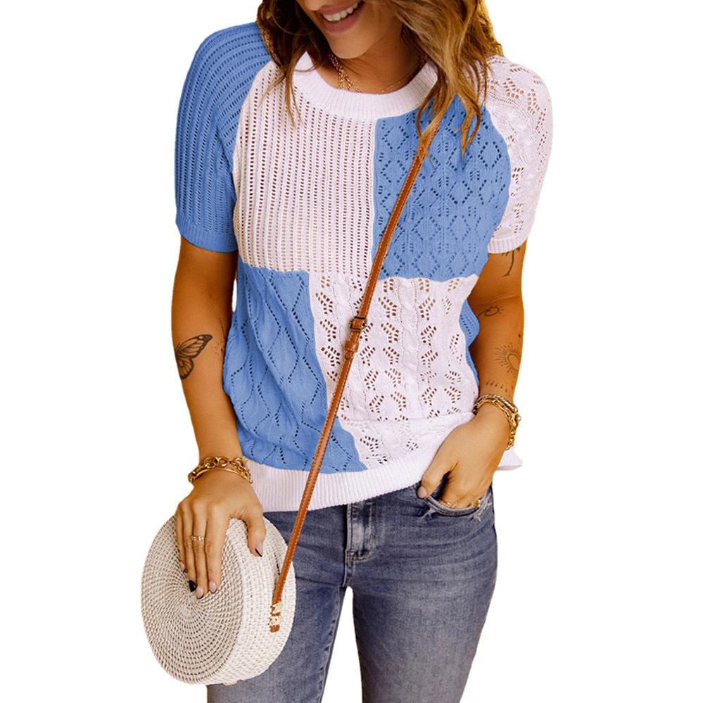 Summer Women Fashion Color Stitching Knitted T-shirt Loose Hollow Casual Tee