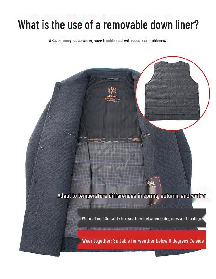 Men's High-Quality Double-Sided Cashmere Trench Coat with Goose Down Liner - Casual Woolen Coat for Middle-Aged Dads