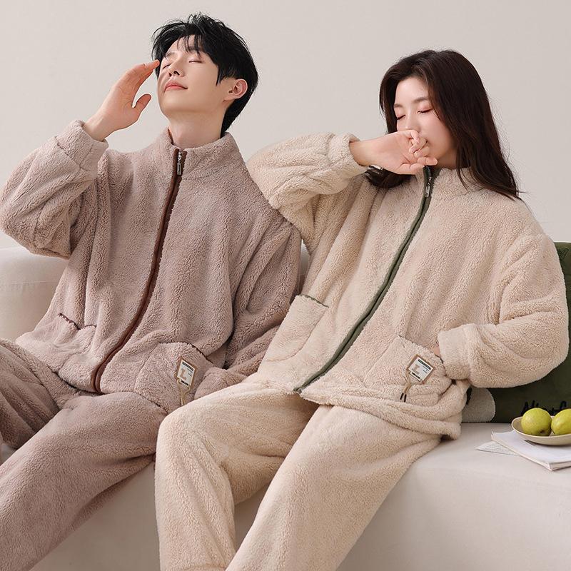 Couple Pajamas Women'S Autumn And Winter Coral Fleece Thickened Fleece Warm Flannel Zipper Men'S Loungewear Set
