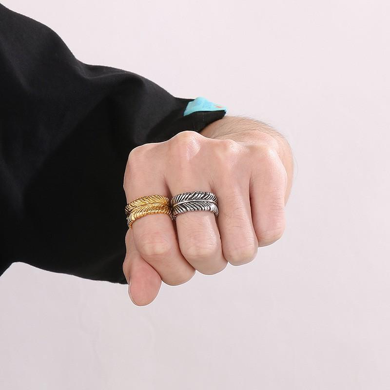 Personality Stainless Steel Feather Ring for Men Women Punk Color Gold Round Finger Ring Trendy Jewelry Anillos Charm Gift