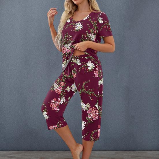 2 stk/sett Dame Sommerpyjamas Blomstertrykk V-hals Kortermet Skjorte Elastisk Midje Kortere Bukser Hjemmeklær Fritidsklær Vår Nattøy