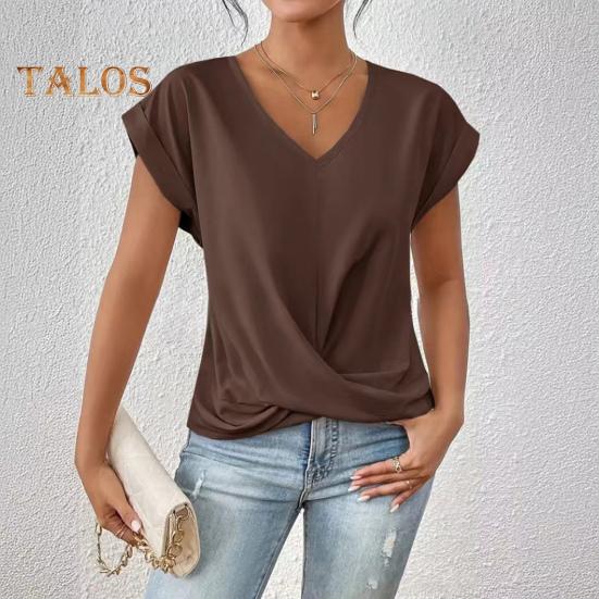 Dámské topy s výstřihem do V, s krátkým rukávem, s mačkaným designem, tričko jednobarevné, volného střihu, s křížovým plisováním, pro každodenní nošení