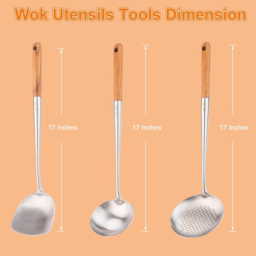 FJNATINH Ladle 17 Inch Wok Ladle 304 Stainless Steel Wok Spatula (walnut - 3pcs)