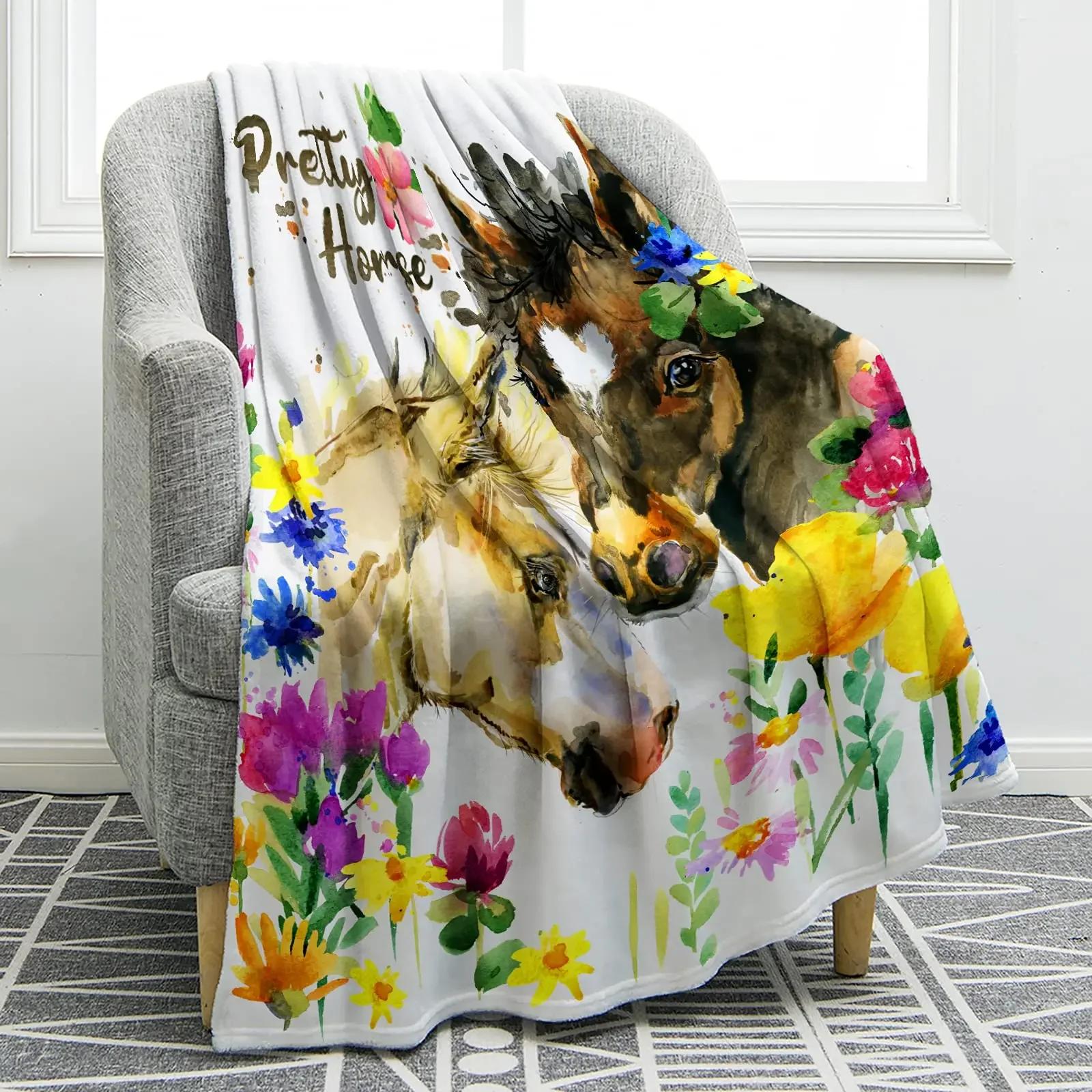 

Horse Floral Blanket Animal Flower Pattern Print Throw Blanket Super Soft Comfortable Lightweight for Living Room for Kids Teens 80x120cm