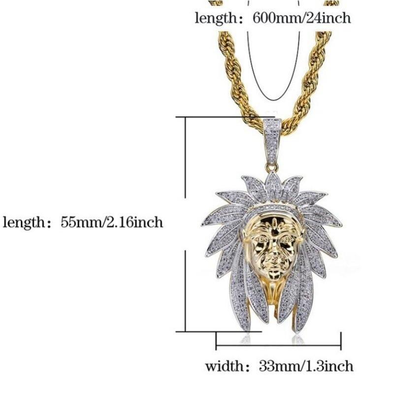Pendentif et Collier Coiffe de Chef Indien Bijoux Hip Hop pour Homme Chaîne