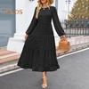 Herbst Winter Damen Kleid Lange Laternenärmel A-Linie Rundhals Großer Saum Punktapplikation Plissiert Einfarbig Dating Pendeln Midikleid