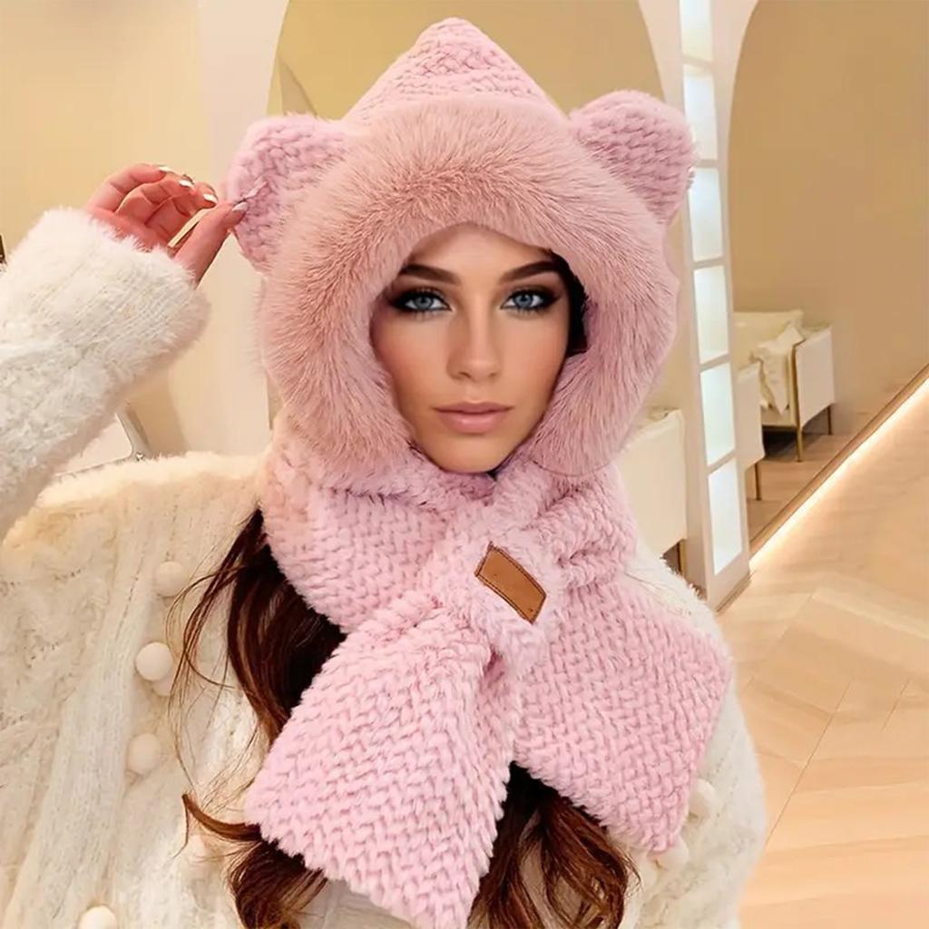 Women's Scarf One-piece Hooded Cute Cycling Thick Warm Plush Hat