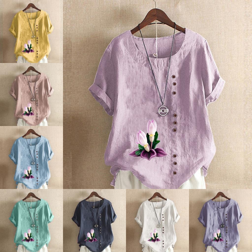 Women's Fashion Round Neck Short Sleeve T-shirt Casual Cotton Linen Graphic Shirt Leisure Loose Flowers Prined Summer Blouse Tops