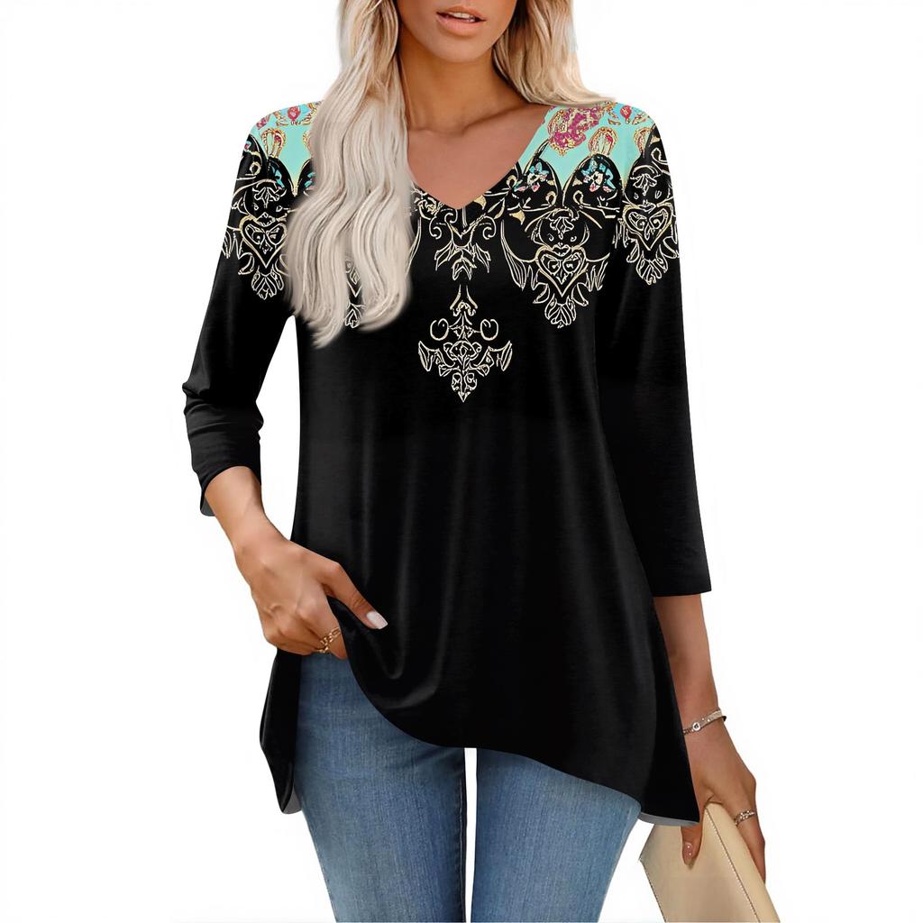 Dámské topy s výstřihem do V a 3/4 rukávem, ležérní košile střední délky, módní tuniky s potiskem