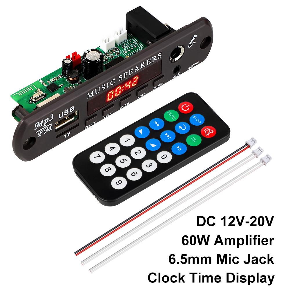 

REAKOSOUND DC 12 В Bluetooth 5,3 MP3 WMA APE Плата декодера 60 Вт Усилитель Часы Отображение времени 6,5 мм Разъем для микрофона USB TF FM Радио Автомобильный Mp3-плеер s