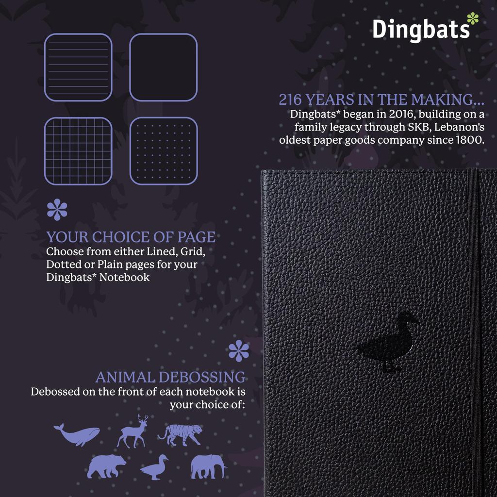 Wildlife Dotted Lined Medium Black Hardcover Cream 100gsm Paper Includes Bookband Bookmark Dingbats - Notebook, Duck, A5+ - - Ink-Resistant - Pocket,
