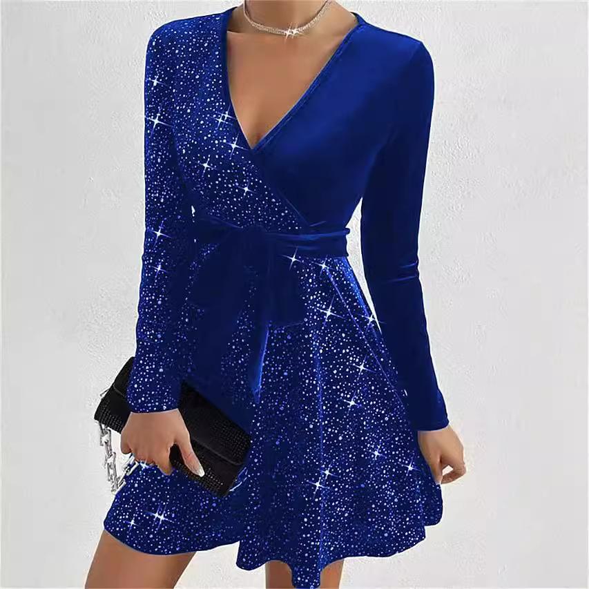 Fall Spring Women Dress V Neck Lace-up Tight Waist Sequin Decor A-line Big Hem Long Sleeves Prom Party Mini Dress
