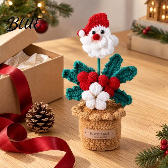 Winter Home Ornaments Crochet Potted Santa Plant Handmade Christmas Ornament Decorative Knitted Plant Gift Flower for Office Desk Bookshelf