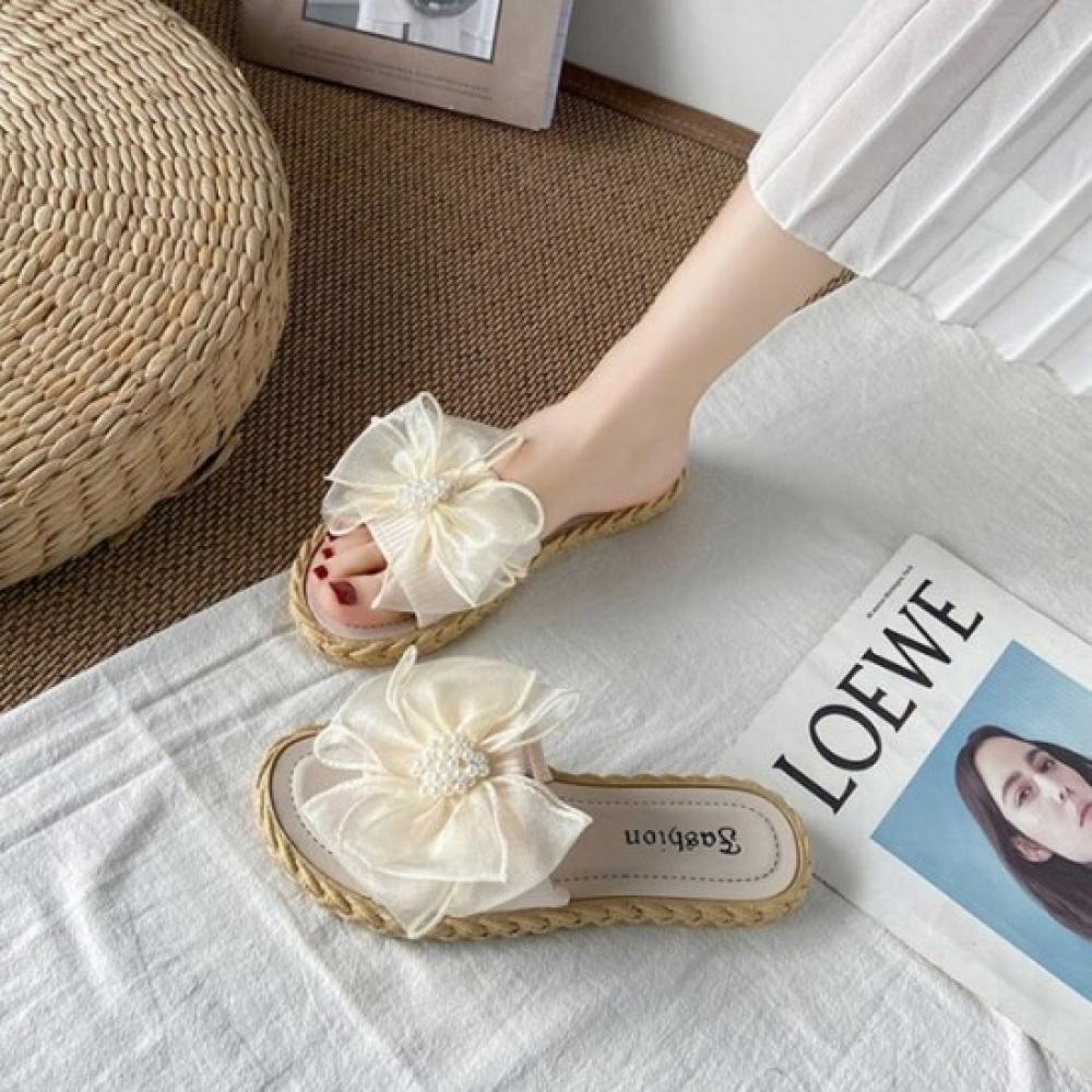 New Arrivals Open Run Ribbon Slippers Pearl Ballet Core Rattan Summer Vacation