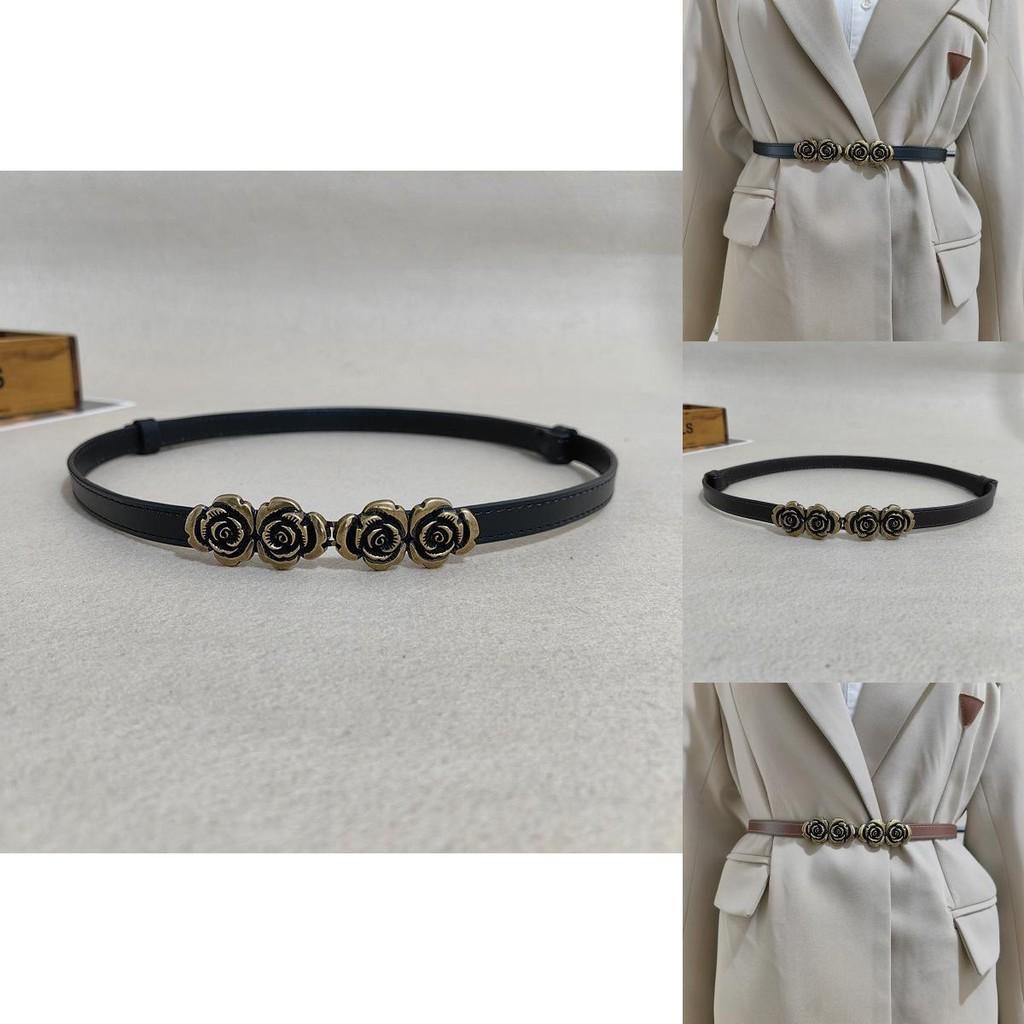Minimalist Leather Waist Sash For Dresses With Polished Finish And Rose Pattern For Daily Office Attire