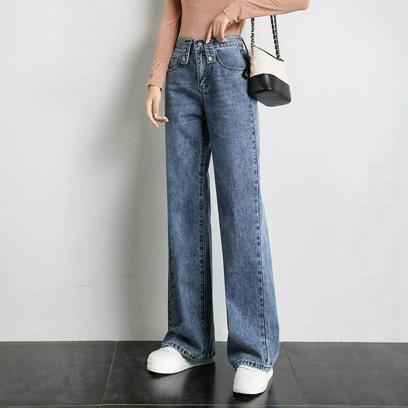 Weite Wischhosen Damen Herbst und Winter High-Waist Lockere Jeans Damen Dünne Gerade Fließende Hosen
