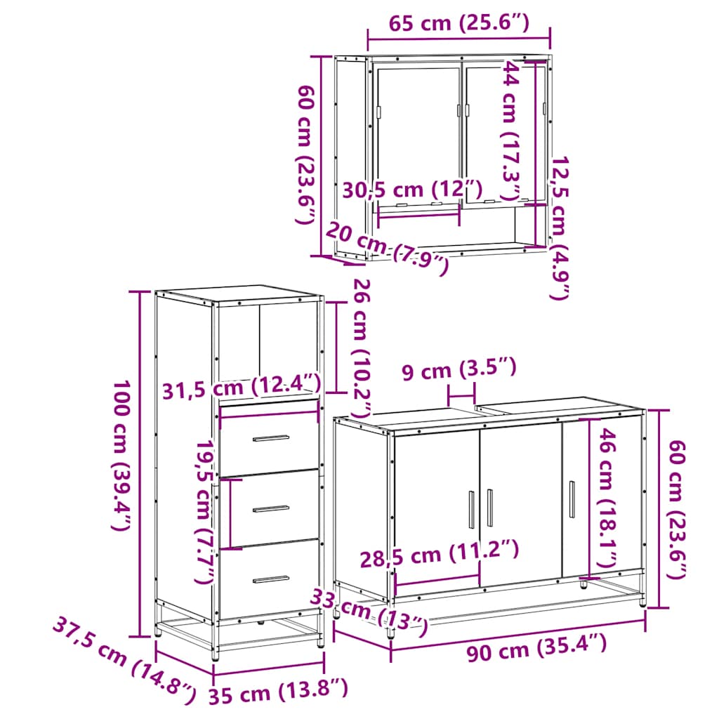3 Piece Bathroom Furniture Set Smoked Oak Wood Based Panel
