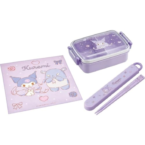 Skater Kuromi 25 Big Ribbon Antibacterial Dishwasher Safe Soft Lid Tight Lunch Box, Square Shape, 450ml Lunch Box, Chopsticks/Chopstick Case Set, Lunc