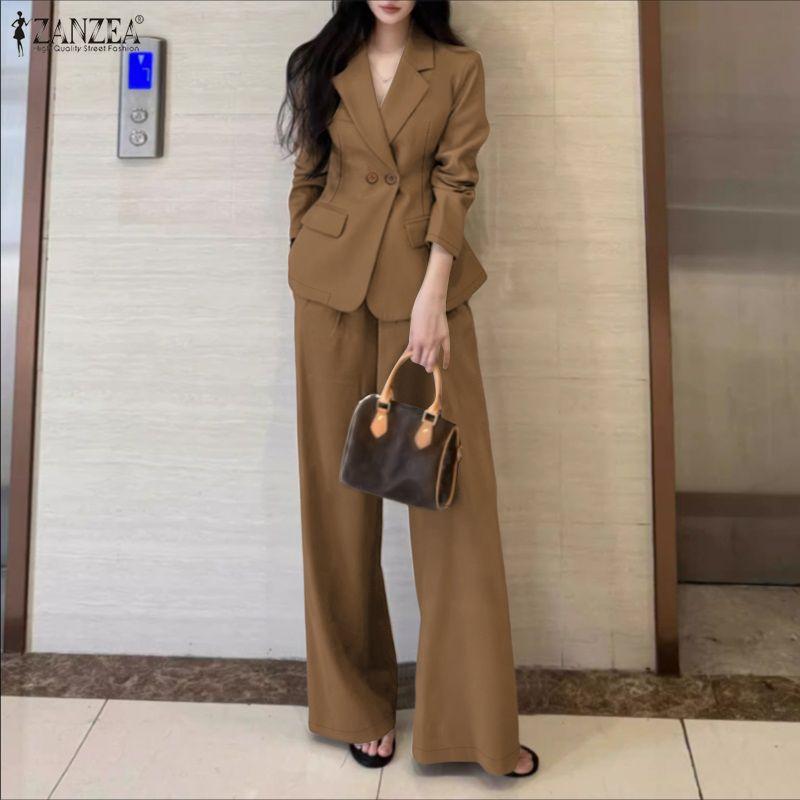 ZANZEA Cárdigan Blazer de Manga Larga para Mujer y Pantalones Conjuntos Casuales de Dos Piezas