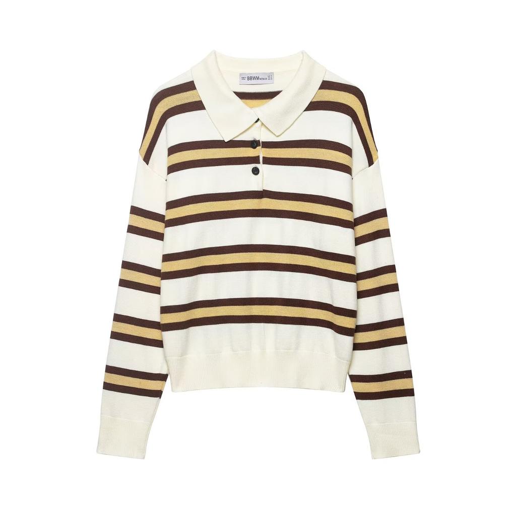 European and American Style, New Women's Clothing, Foreign Style Fashionable Casual Striped POLO Shirt Neck Knitted Sweater