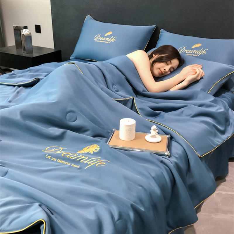 High-End Embroidery Cooling Quilt Set Summer Skin-Friendly Comforter Bedsheet Pillowcase Ice Silky Air Conditioning Blanket Kit