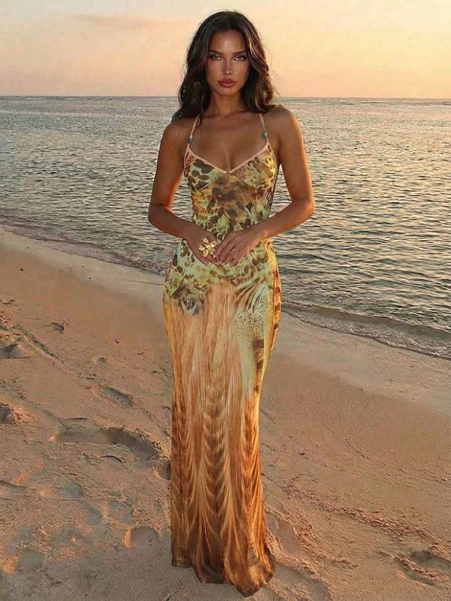 V-neck Floral Spaghetti Strap Bodycon Dress for Women - Slim Fit, European & American Style 2026.