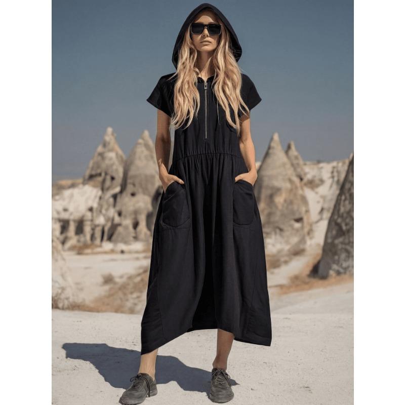 Vintage Loose Fit Hooded Half Zip Mid Length Dress With Pockets