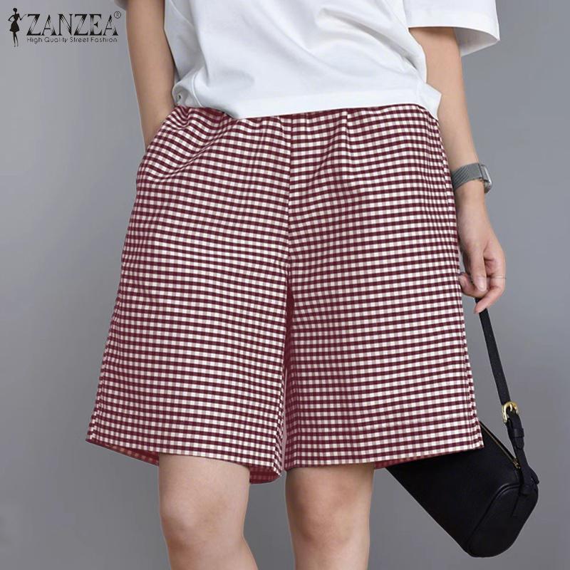 ZANZEA Women Casual Elastic Waist Loose Summer Grid Print Shorts