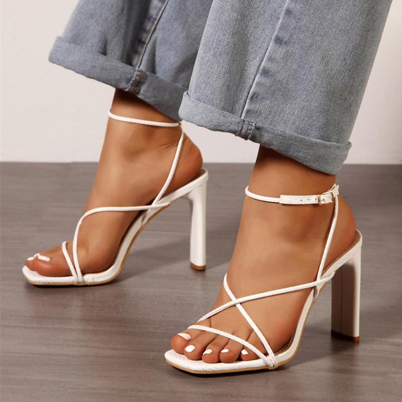 Fashion Liyke White Sandals For Women Cozy Leather Narrow Band Square Toe Buckle Strap Ladies Shoes High Heels Gladiator Sandalias Mujer