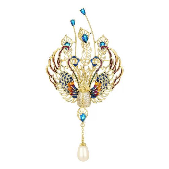 Women Brooch Sparkling Rhinestones Faux Pearl Phoenix Shape Lapel Pin Suits Coats Bags Scarves Badge Versatile Accessory