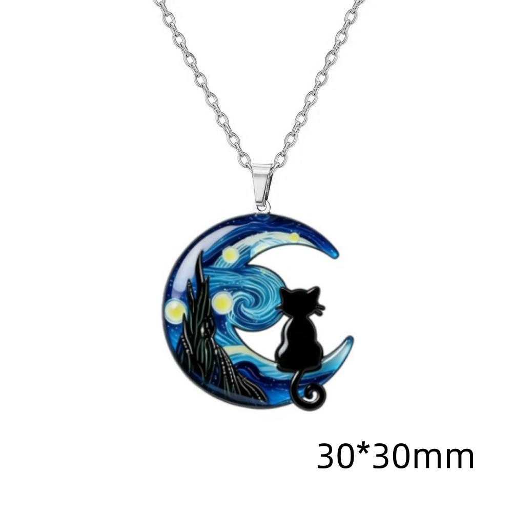 Van Gogh The Starry Night Necklace Star Moon and Black Cat Necklace Asymmetric Night Sky Necklaces For Women Birthday Jewelry