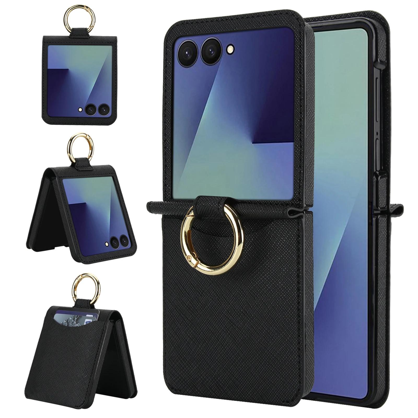 

Leather Wallet Phone Case with Card Slot And Ring for Samsung Galaxy Z Flip 7 FE 6 5 4 Flip7 Flip6 Flip5 Flip4 Holder Cover Galaxy Z Flip7 чорний