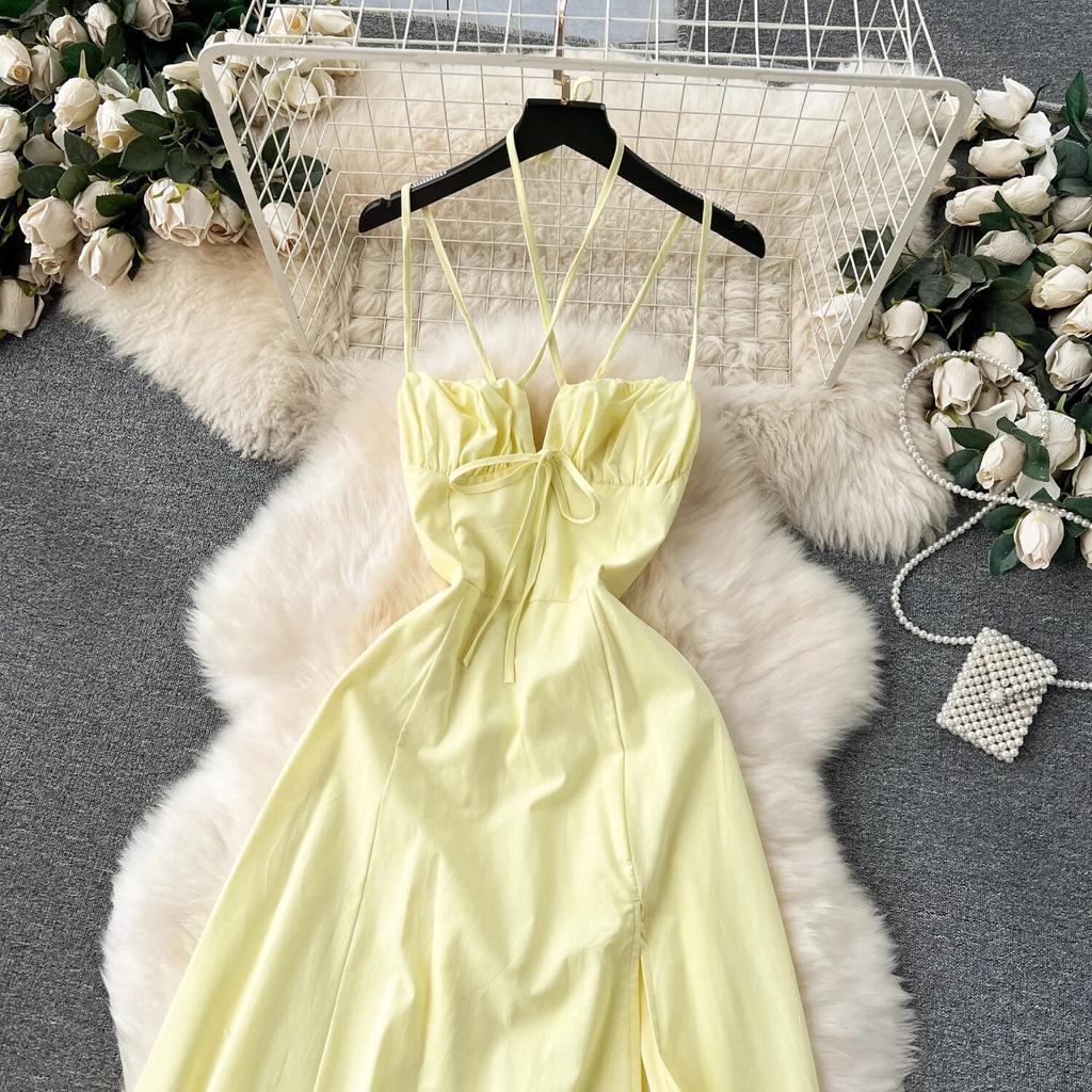 Scheming Hanging Neck Dress Sexy V-neck Slim fit Long over-the-Knee Split Suspender Dress Trip Shoot Holiday Sle Dress