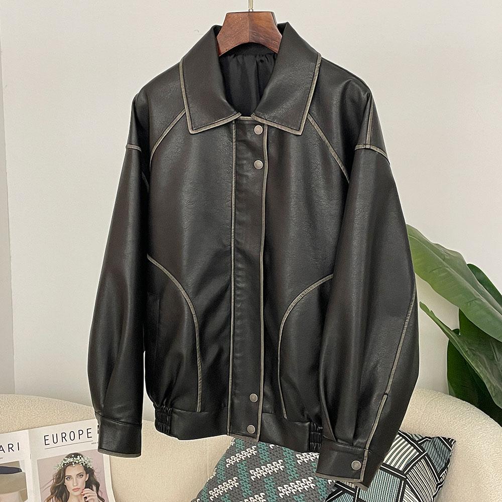 OFTBUY Women Vintage Loose Pu Faux Leather Short Jacket Pockets Motorcycle Jacket Female Zipper Retro Moto Biker Coat Outwear Tops