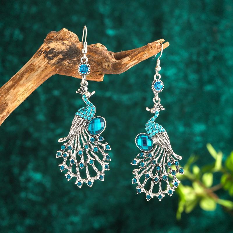 Vintage Ethnic Colroful Rhinestone Peacock Dangle Earrings For Women Long Classic Silver Color Animal Earrings Female Jewelry